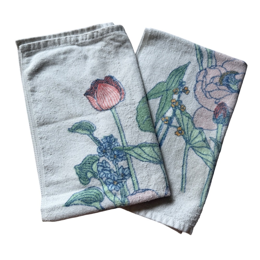 Vintage Wamsutta Heritage Floral Hand Towels Set of 2 Pink Blue Botanical USA